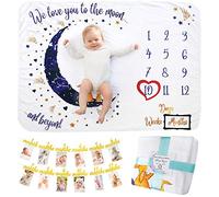 ODOXIA Couverture Étape Mensuelle pour Bébé | Inclut Banderole Anniversaire 1 an | Couverture Bébé Unisexe | Personnalisée Babyshower | Thème Étoiles, Lune