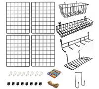ODOXIA Pack 4 Grille Murale Avec Accessoires | Contient Panier, Trieur, Etagère Et Crochets | Tableau | Grille Photo Mural | Décoration Suspendue Pour Maison, Bureau,Cuisine