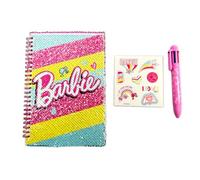 ODS - Barbie My Notebook, Cahier à paillettes réversibles, pages à rayures, pages blanches et dessins à colorier, y compris stylo multicolore et 1 feuille d'autocollants Barbie, 15 x 21 cm