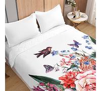 Oduo Couvre Lit Matelassé de Luxe, Dessus de Lit 1/2 Personnes Imprimé Fleur Couverture de Lit Climatisation Printemps Èté Jeté de Lit Courtepointe Boutis (Oiseau Papillon,130x150cm)