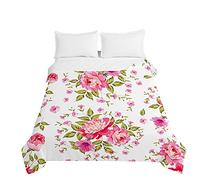 Oduo Couvre Lit Matelassé de Luxe, Dessus de Lit 1/2 Personnes Microfibre Imprimé Fleur Couverture de Lit Climatisation Printemps Èté Jeté de Lit Courtepointe Boutis (Rose Feuille Verte,150x200cm)