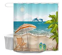 Oduo Rideau de Douche Dauphin Imprimé Rideau de Douche Anti Moisissure Impermeable Rideau de Douche Doublure - Rideaux de Salle de Bain avec 10 ou 12 Crochets (Dessin animé Plage,180x180cm)