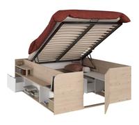 ODYSSEE Lit coffre adulte - 140x190/200 cm - Avec coffre relevable - Décor chêne et Blanc - 168,3x66,5x209,5 cm