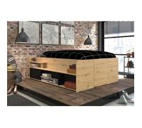 ODYSSEE Lit coffre adulte - 140x190 / 200 cm - Avec coffre relevable - Décor chene et noir - 166,2 x 66,5 x 205,8 cm