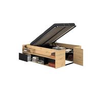 ODYSSEE Lit coffre adulte - 140x190 / 200 cm - Avec coffre relevable - Décor chêne et noir - 166,2 x 66,5 x 205,8 cm