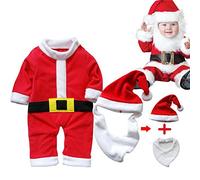 Odziezet 3PCS Noël Vêtements Bébé Noël Costume Enfant Noël Bébé Tops Manteau + Chapeau Bonnet du Père Noël+ Barbe Noël pour Enfant Noël Barbe Pouvoir Devenir Bavette 6-24 Mois