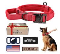 OEBEESA Collier tactique militaire réglable en nylon K9 pour chiens de taille moyenne et grande, avec poignée, boucle en métal robuste, 3 patchs et support pour étui Airtag - Rouge, M