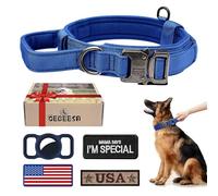OEBEESA Collier tactique militaire réglable en nylon K9 pour chiens de taille moyenne et grande, avec poignée, boucle en métal robuste, 3 patchs et support pour étui Airtag - Bleu, XL