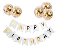 OEBUAFI Banderole de Lettres Joyeux Anniversaire, Bannière en Papier doré avec 5 Ballons Confettis, Décoration de Fête DIY pour Suspension Murale (Lettres en or blanc 20 * 15cm + 5 ballons)