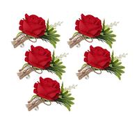OEBUAFI Corsage de Mariage Rose 5 Pièces Boutonnière en Plastique Fixe à épingle Réaliste pour Les Mariés, Cadeau de Mariage de Style Coréen pour Les Retrouvailles, 13x8CM (Rouge)