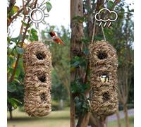 OEBUAFI Maisons de Colibris Tissées à la Main en Forme D'arachide, Nid D'oiseau en Herbe Naturelle pour Décoration de Jardin Extérieur avec 3 Ouvertures (A)