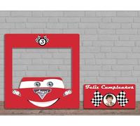 Oedim Photocall + affiche d'anniversaire de voiture rouge pour enfant, 100 x 100 cm, 75 x 35 cm, événements ou célébrations ponctuelles, fenêtre découpée, photocall amusant