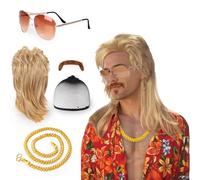 oeeo 5pcs Kit Perruque Hommes Blonde Mulet Années 80 - Perruque Disco, Longue Perruque Blonde, Lunettes de Soleil, Collier, Barbe - Costume Cosplay Halloween, Fête Déguisée, Style Rock 80s
