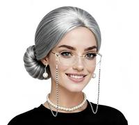 oeeo 6pcs Kit de Deguisement Grand Mere,Perruque Vieille Dame Grise Longue Naturelle Lunettes Ronde Collier Fausse Perle pour Vieille Dame Halloween Carnaval Les Jeux de Rôle
