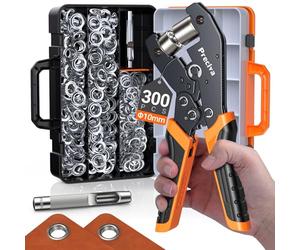 Oeillets Métalliques Kit,Preciva Pince à Oeillet à Cliquet 10mm, pour Bâches,Toile & Bannières PVC,Inclut 300 Oeillets et Poinçon,Outil de Pose Renforcé avec Sécurité Anti-Blocage