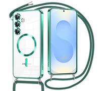 Oelrstfe Coque Magnétique pour Samsung Galaxy S25 6.2" avec Cordon, Transparent Housse Étui Compatible avec MagSafe Case avec Collier Lanyard Ultra Mince Souple TPU Silicone Camera Antichoc, Vert