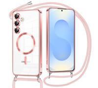 Oelrstfe Coque Magnétique pour Samsung Galaxy S25 6.2" avec Cordon, Transparent Housse Étui Compatible avec MagSafe Case avec Collier Lanyard Ultra Mince Souple TPU Silicone Camera Antichoc,Rosa