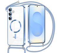 Oelrstfe Coque Magnétique pour Samsung Galaxy S25 6.2" avec Cordon, Transparent Housse Étui Compatible avec MagSafe Case avec Collier Lanyard Ultra Mince Souple TPU Silicone Camera Antichoc, Bleu
