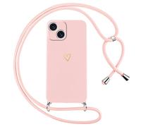 Oelrstfe Coque pour iPhone 15 avec Cordon de Collier Étui Housse Souple Silicone avec Motif Coeur et Portable Lanyard Réglable Antichoc Anti-Chute Bandoulière Lanière Case,Rose