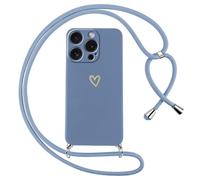 Oelrstfe Coque pour iPhone 16 Pro avec Cordon de Collier Étui Housse Souple Silicone avec Motif Coeur et Portable Lanyard Réglable Antichoc Anti-Chute Bandoulière Lanière Case,Bleu