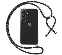 Oelrstfe Coque pour Samsung Galaxy A54 5G avec Cordon de Collier Étui Housse Souple Silicone avec Motif Coeur et Portable Lanyard Réglable Antichoc Anti-Chute Bandoulière Lanière Protection Case,Noir