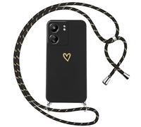 Oelrstfe Coque pour Xiaomi Redmi 13C avec Cordon de Collier Étui Housse Souple Silicone avec Motif Coeur et Portable Lanyard Réglable Antichoc Anti-Chute Bandoulière Lanière Case,Noir