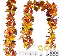 OEMG 2 Guirlande Feuille Automne Artificielles avec 2 Guirlandes Lumineuse et 4 Crochets, Guirlande Automne Lumineuse pour Decoration Automne Interieur Exterieur Halloween Noel Thanksgiving
