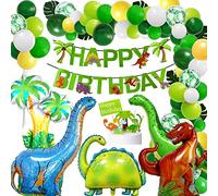 OEMG XXL Ballon Anniversaire Dinosaure Arche Ballon Kit Happy Birthday Banner Vert Fête Guirlande Déco Réutilisable Tropicales Palmier Confettis Latex Ballons Dinosaure Gateau Decoration Garcon Fille