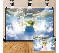 OERJU Toile de fond paradisiaque de 3 x 2,4 m pour photographie, escalier au paradis, porte paradisiaque, ciel nuages, ciel envoyé, fête prénatale, baptême, église, événement, fête, bannière,