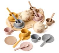 OESSUF Ours Service à thé en silicone pour enfants avec plateau en bois - Accessoires de cuisine - 14 pièces - Jeu de rôle - Cadeau d'anniversaire pour filles et garçons de 1, 2, 3 ans