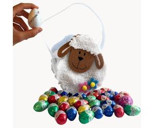 Oeufs de Pâques 2025 - Oeufs en chocolat assortis 200gr + Panier de mouton en feutre + 9 oeufs en polystyrène blanc Coloriages (MOUTONS, Taille Standard)