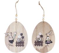 Oeufs de Pâques Décoration à suspendre Oeuf en bois Motif lapin Blanc Nature 10cm 6 pièces