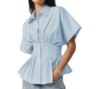 Oewwthy Chemises Boutonnées à Rayures pour Femmes, Chemisier Corset Plissé à Manches Courtes, Style Décontracté pour L'Été Rayures Bleues L