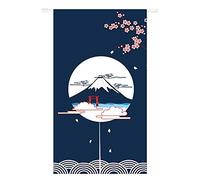 Ofat Home Japonaise Noren Rideau de Porte à Suspendre au Mur Fuji et Fleurs de Cerisier, Peinture pour Chambre à Coucher, Cuisine, Salle de Bain, décoration de Porte, cloison de pièce, Bleu, 85x150cm