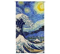 Ofat Home Rideau de porte japonais, Grande Vague de Kanagawa combinant l'art des peintres Hokusai et Van Gogh, nuit étoilée, bleu marine, 85 x 150 cm