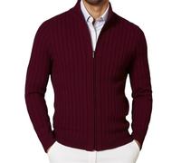 ofeirhz Cardigan pour homme avec fermeture éclair intégrale et texturée à rayures - Manches longues - Col montant - Couleur unie - Coupe ajustée - Poignets élastiques - Entretien facile, bordeaux, L