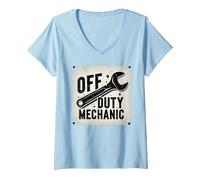 Off Duty Mechanic Plaque de décoration de Garage Vintage T-Shirt avec Col en V, Femme, Bleu Céleste, S