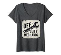 Off Duty Mechanic Plaque de décoration de Garage Vintage T-Shirt avec Col en V, Femme, Chiné Foncé, S