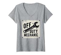 Off Duty Mechanic Plaque de décoration de Garage Vintage T-Shirt avec Col en V, Femme, Gris Chiné, S