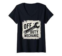 Off Duty Mechanic Plaque de décoration de Garage Vintage T-Shirt avec Col en V, Femme, Noir, S
