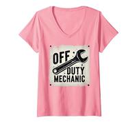 Off Duty Mechanic Plaque de décoration de Garage Vintage T-Shirt avec Col en V, Femme, Rose, S