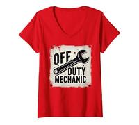 Off Duty Mechanic Plaque de décoration de Garage Vintage T-Shirt avec Col en V, Femme, Rouge, S
