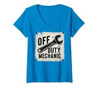 Off Duty Mechanic Plaque de décoration de Garage Vintage T-Shirt avec Col en V, Femme, Saphir, S