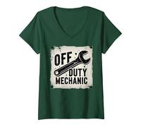 Off Duty Mechanic Plaque de décoration de Garage Vintage T-Shirt avec Col en V, Femme, Vert Forêt, S