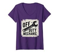 Off Duty Mechanic Plaque de décoration de Garage Vintage T-Shirt avec Col en V, Femme, Violet, S