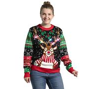 OFF THE RACK Pull de Noël Laid, LED Sweat à Tricoté Drôle de Noël pour Femmes avec Un Renne Elfe Lama et Un Arbre de Noël, Sweat-Shirt Festif Unisexe pour NoëlGet Lit with RudyXXL