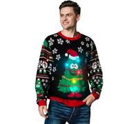 OFF THE RACK Pull de Noël Laid, LED Sweat à Tricoté Drôle de Noël pour Hommes avec Un Renne Elfe Lama et Un Arbre de Noël, Sweat-Shirt Festif Unisexe pour Noël Happy to Tree YouXL