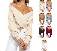 Off The Shoulder Sweater for Women Fall Fashion Sweater Scarf V Neck Cropped Sweaters Long Sleeve Wrap SweaterScarf (Apricot, L)