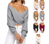 Off The Shoulder Sweater for Women Fall Fashion Sweater Scarf V Neck Cropped Sweaters Long Sleeve Wrap SweaterScarf (Grey, XL)