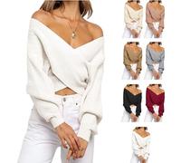 Off The Shoulder Sweater for Women Fall Fashion Sweater Scarf V Neck Cropped Sweaters Long Sleeve Wrap SweaterScarf (White, XL)